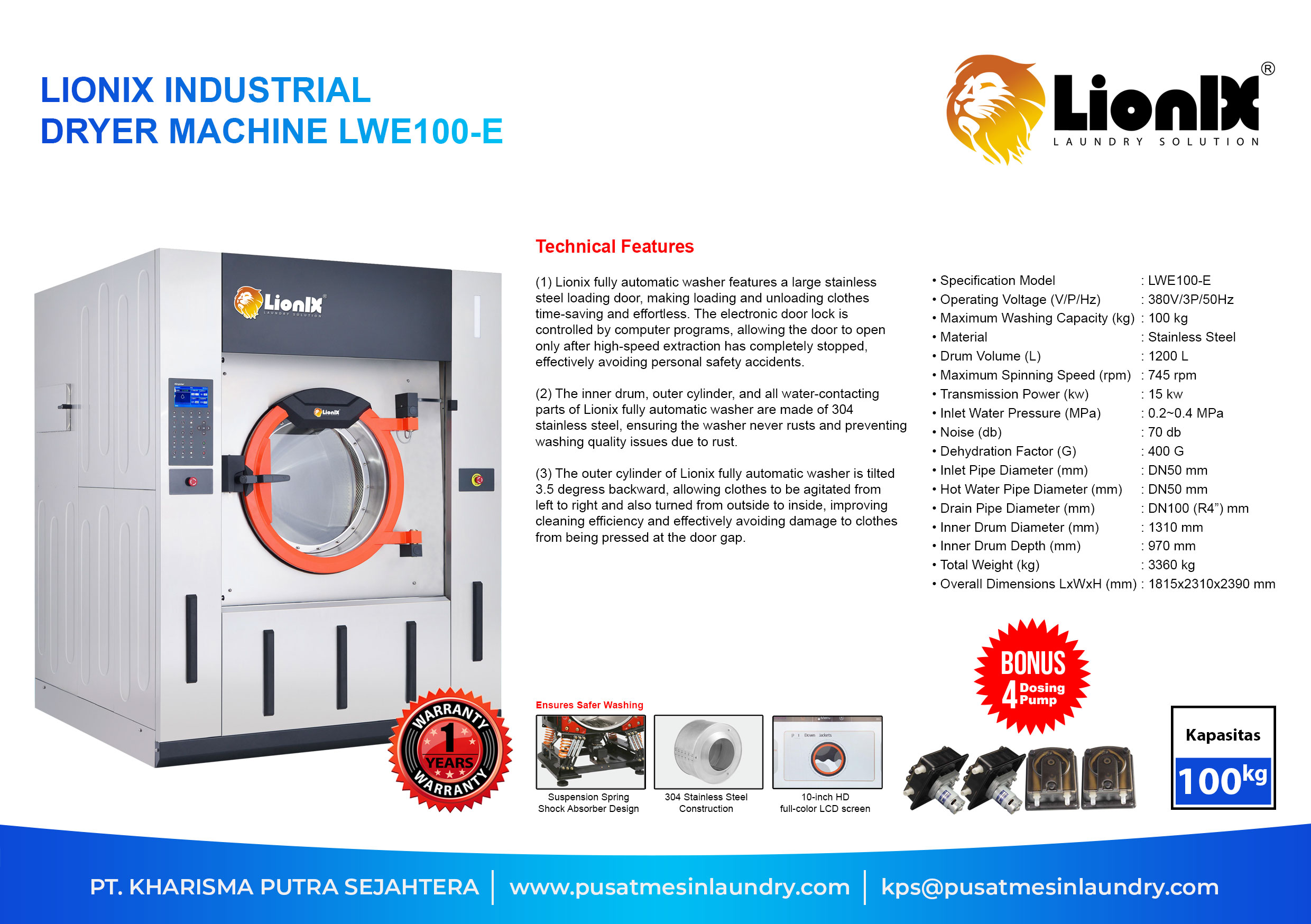 Lionix Industrial Washer Machine LWE100-E 100kg - Gambar 2