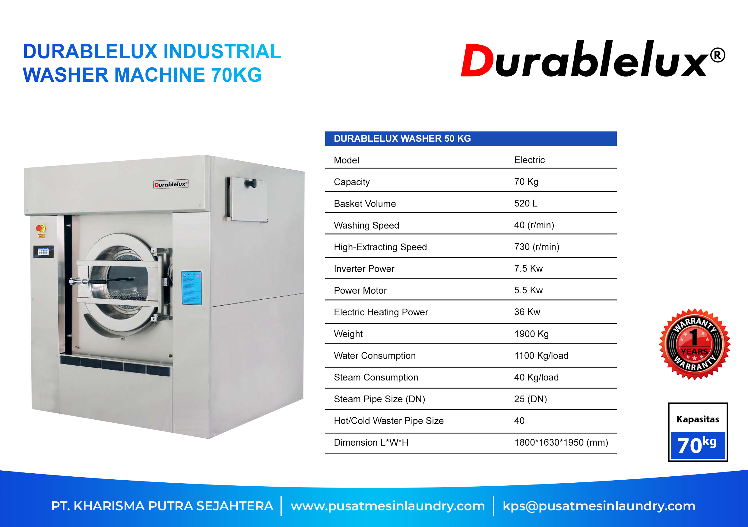 Durablelux Industrial Washer Machine 70kg - Gambar 2